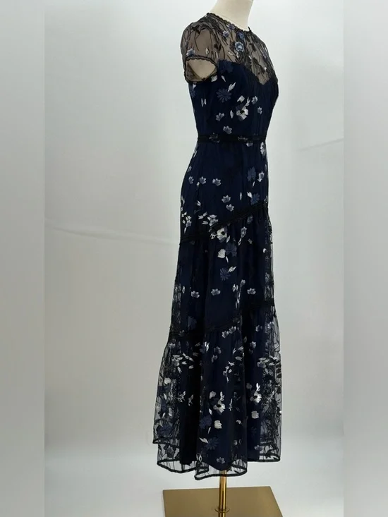Monique Lhuillier Navy Blue Floral Embroidered Lace Midi Evening Cocktail Dress - Picture 4 of 16
